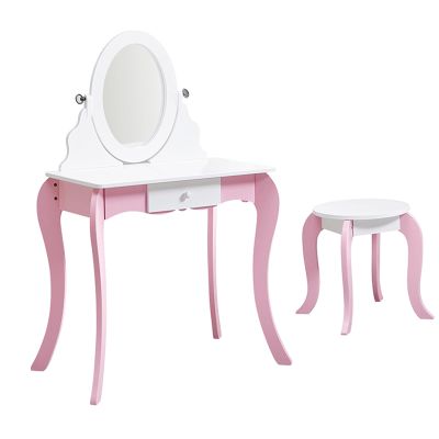 Vomeko Kids Vanity Set with Stool, Pink Wooden Princess Makeup Dressing Table with 360 Rotating Mirror Storage, Girls Play Vanity Desk with Anti Tip Device