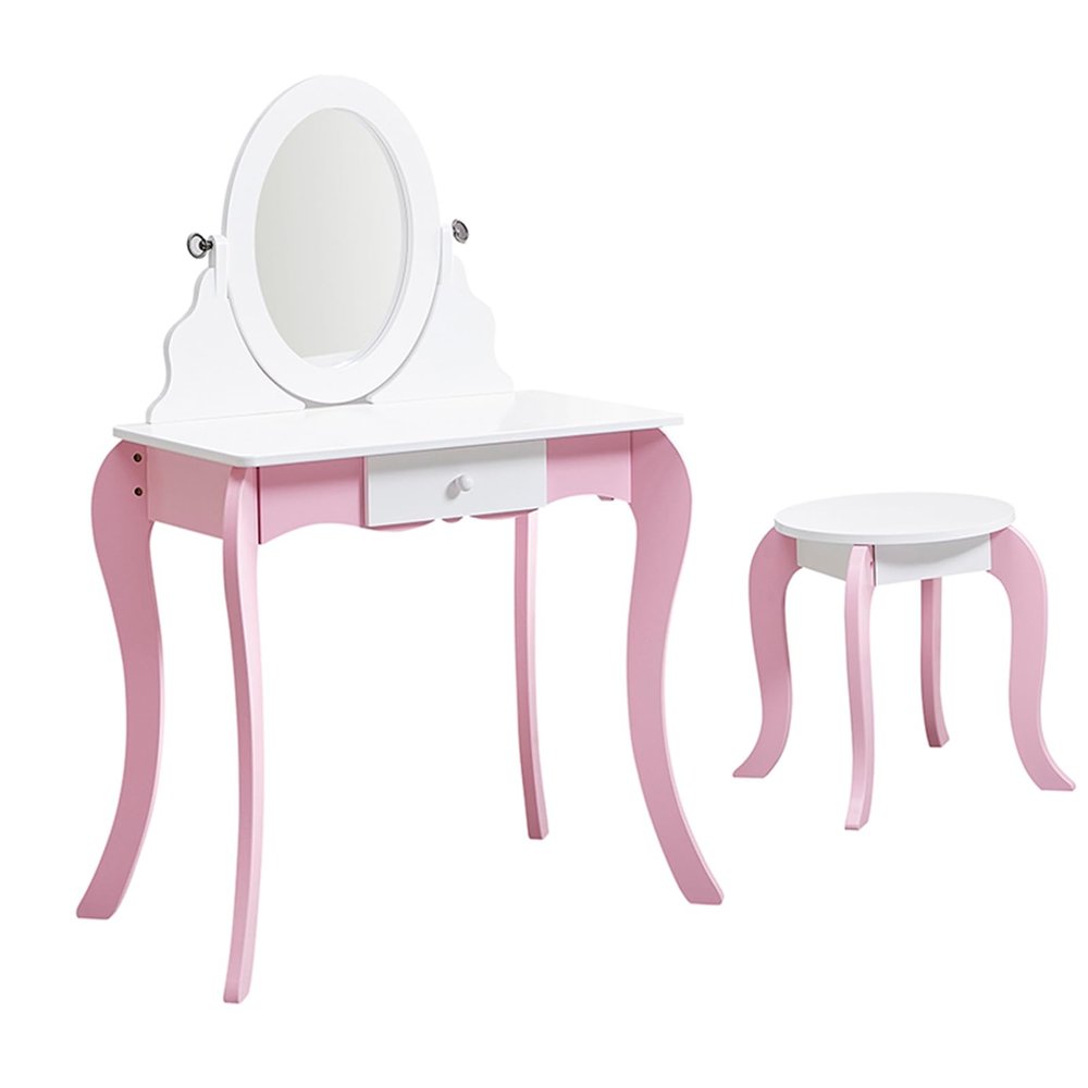 Vomeko Kids Vanity Set with Stool, Pink Wooden Princess Makeup Dressing Table with 360 Rotating Mirror Storage, Girls Play Vanity Desk with Anti Tip Device