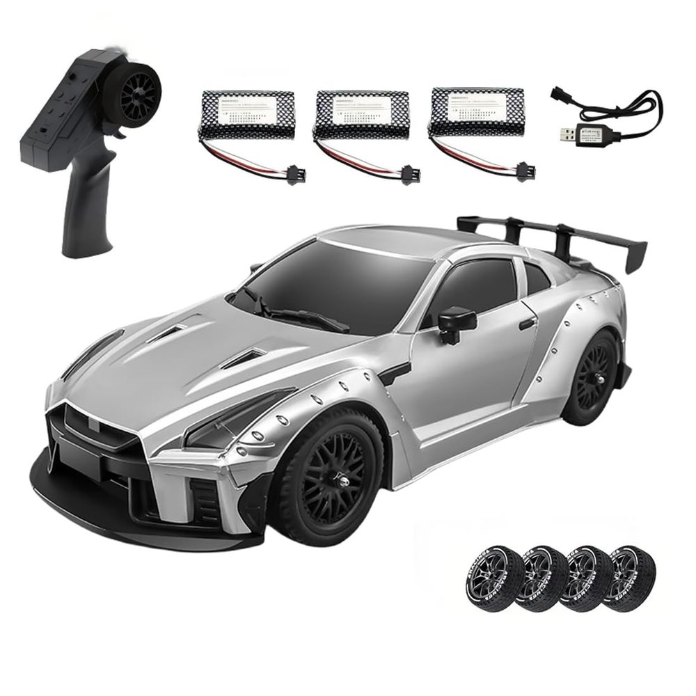 1/16 Scale GTR R35 RC Drift Car, 4WD Rear-Wheel Drive Remote Control Car with Gyro, Control, LED Light, Drift & Grip Tire Sets, 20km/h High-Speed, 2.4G Full-Proportional RC Racing Vehicle for Adults
