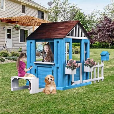 Mulinsonfly Outdoor Wooden Playhouse for Kids, Backyard Cottage Playhouse with Bench, Half Door, Windows, Mailbox, Fence & Flowerpot Holders, Gift for Boys & Girls Ages 3-6