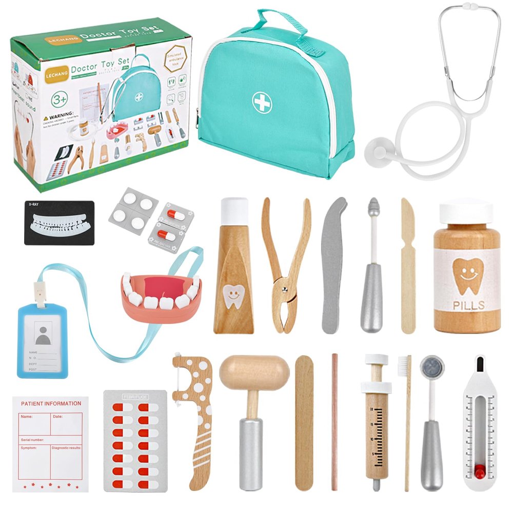 Doctor Kit for Kids, Dentist Pretend Play Educational Doctor Toy Set, 25Pcs Wooden Medical Kit with Stethoscope & Bag & Pretend Teeth & Doctor Toys, Role Play Toys for Girls and Boys 3-8 Years Old