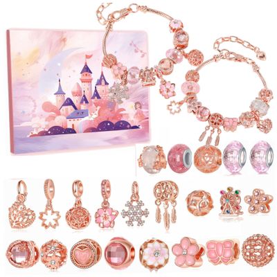 Advent Calendar Bracelet 24 Days Xmas Countdown Charm Bracelet Advent Calendar 2024 Includes 2 Bracelets & 22 Beads Rose Gold Alloy Christmas for Kids, Girls, Teens