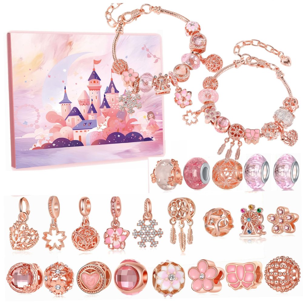 Advent Calendar Bracelet 24 Days Xmas Countdown Charm Bracelet Advent Calendar 2024 Includes 2 Bracelets & 22 Beads Rose Gold Alloy Christmas for Kids, Girls, Teens