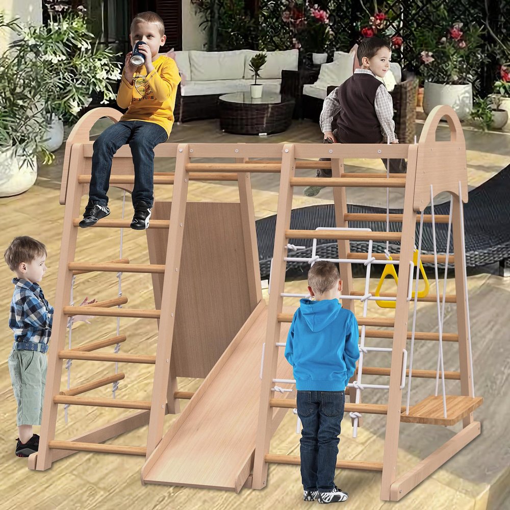 GDFStudio Montessori 7-in-1 Indoor Wooden Jungle Gym Playground for Kids 2-8, Toddler Climbing Toys with Slide, Climbing Wall, Rope Ladder, Monkey Bars, Swing, Indoor Climbers & Play Gym for Kids Room