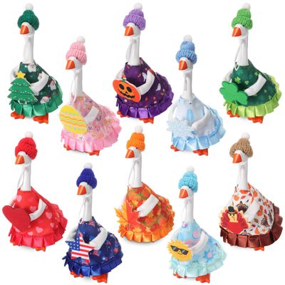 Weysat 10 Set Holiday Mini Desk Goose Outfit Summer Fall Halloween Christmas Winter Magnetic Geese Statue Felt Fabric Costume for 7 Inch Desktop Goose Table Decor Gifts(Hats Style,Fabric)