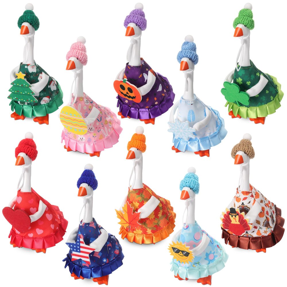 Weysat 10 Set Holiday Mini Desk Goose Outfit Summer Fall Halloween Christmas Winter Magnetic Geese Statue Felt Fabric Costume for 7 Inch Desktop Goose Table Decor Gifts(Hats Style,Fabric)