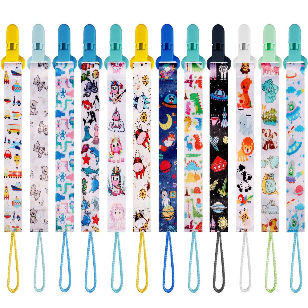 12 Pack Pacifier Clips with Adjustable Strap (32-46.5cm)/Short Strap(25.5cm) - Premium Polyester Baby Pacifier Holder Set, Multi-Design Clips for Boys Girls (Multicolor H 26cm)