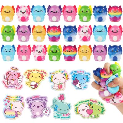 24 Sets Valentine's Day Gift for Kids with Axolotl Squishy Toys Greeting Cards Valentines Day Gifts Cards Axolotl Party Supplies for Kids Valentines School Classroom Exchange Gift Party Favors