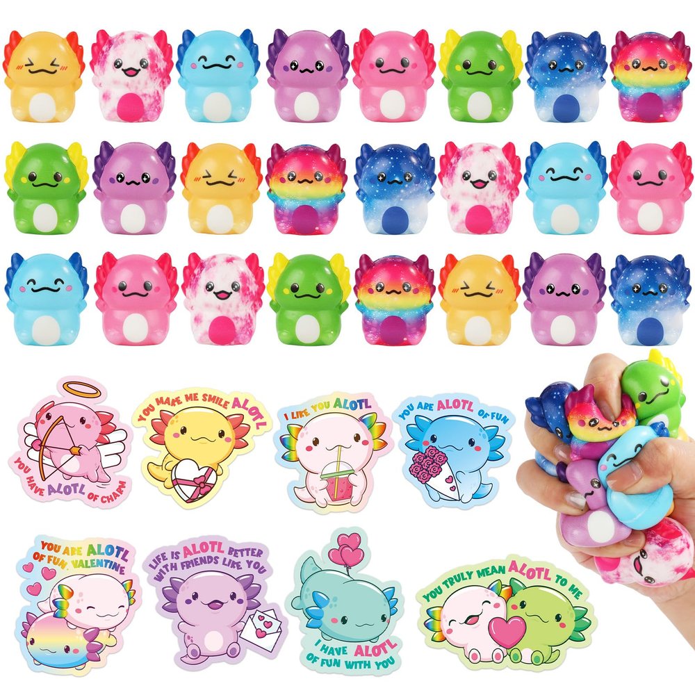 24 Sets Valentine's Day Gift for Kids with Axolotl Squishy Toys Greeting Cards Valentines Day Gifts Cards Axolotl Party Supplies for Kids Valentines School Classroom Exchange Gift Party Favors