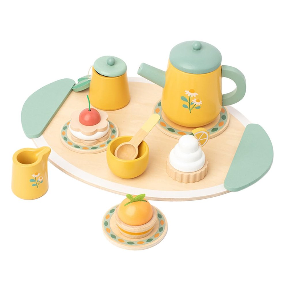VANZACK Wooden Tea Set Play Kitchen Accessories Miniature Decor Tea Party Pretend Play Food Set for Boys and Educational with Teapot and Cups