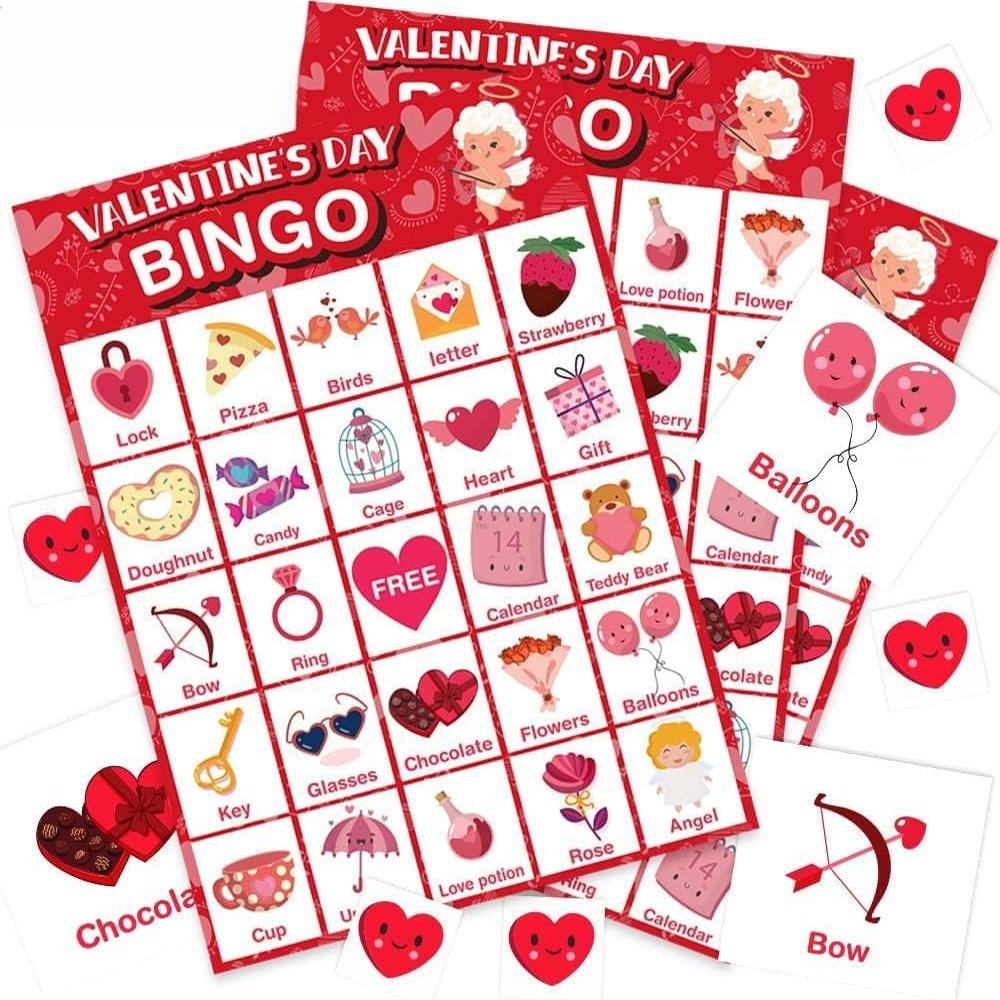 Jumlys Valentines Day Large Size Bingo Game Card for Kids/Adults, 24 Players - Valentine Game for Family/School Classroom/Large Group, Valentine Party Favor for Boys & Girls