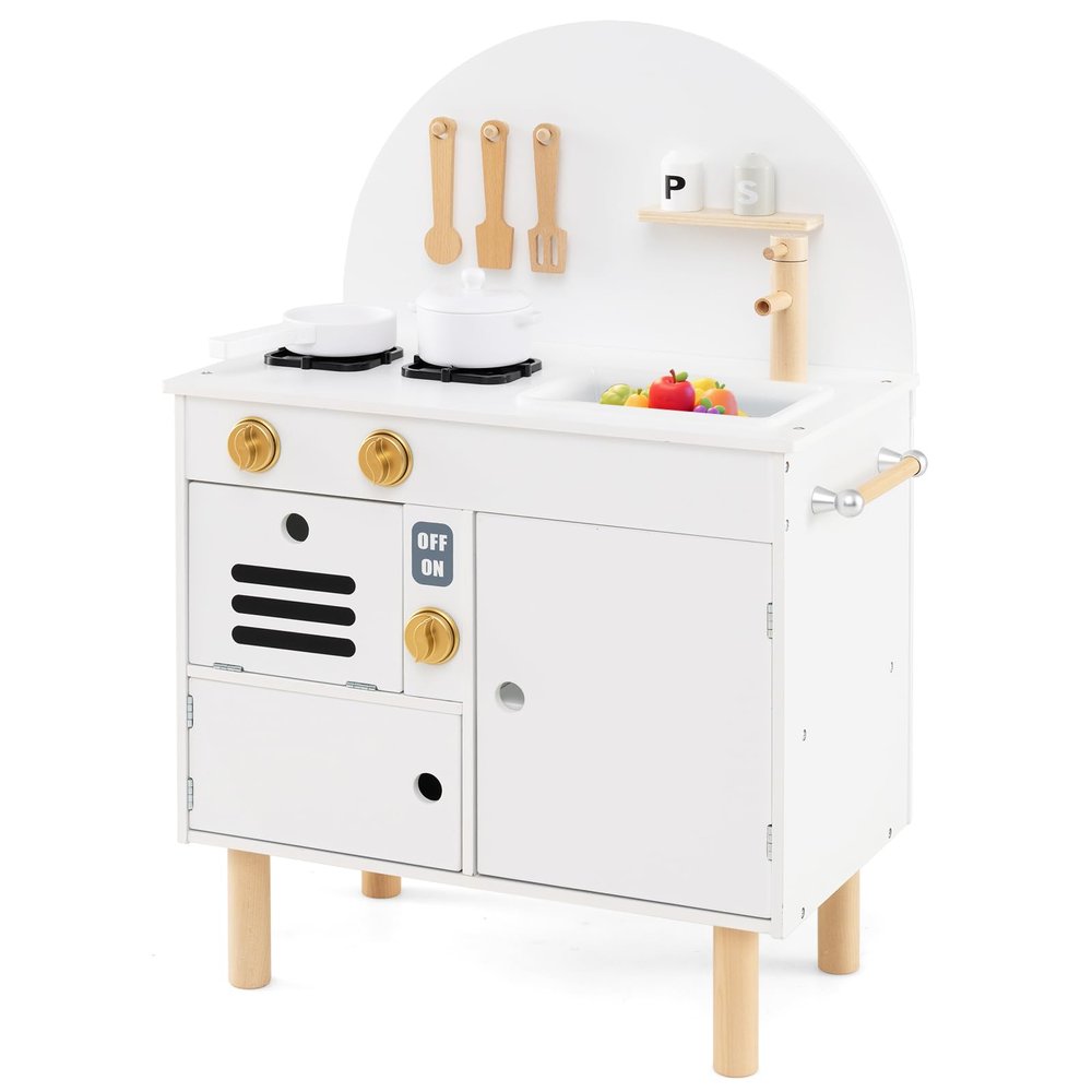Costzon Kids Kitchen Playset, Little Chef Pretend Play Kitchen w/Stoves, Faucet, Sink, Microwave, Cabinet, Oven & Cooking Accessories, Wooden Play Kitchen for Kids 3+ Years Old (White)
