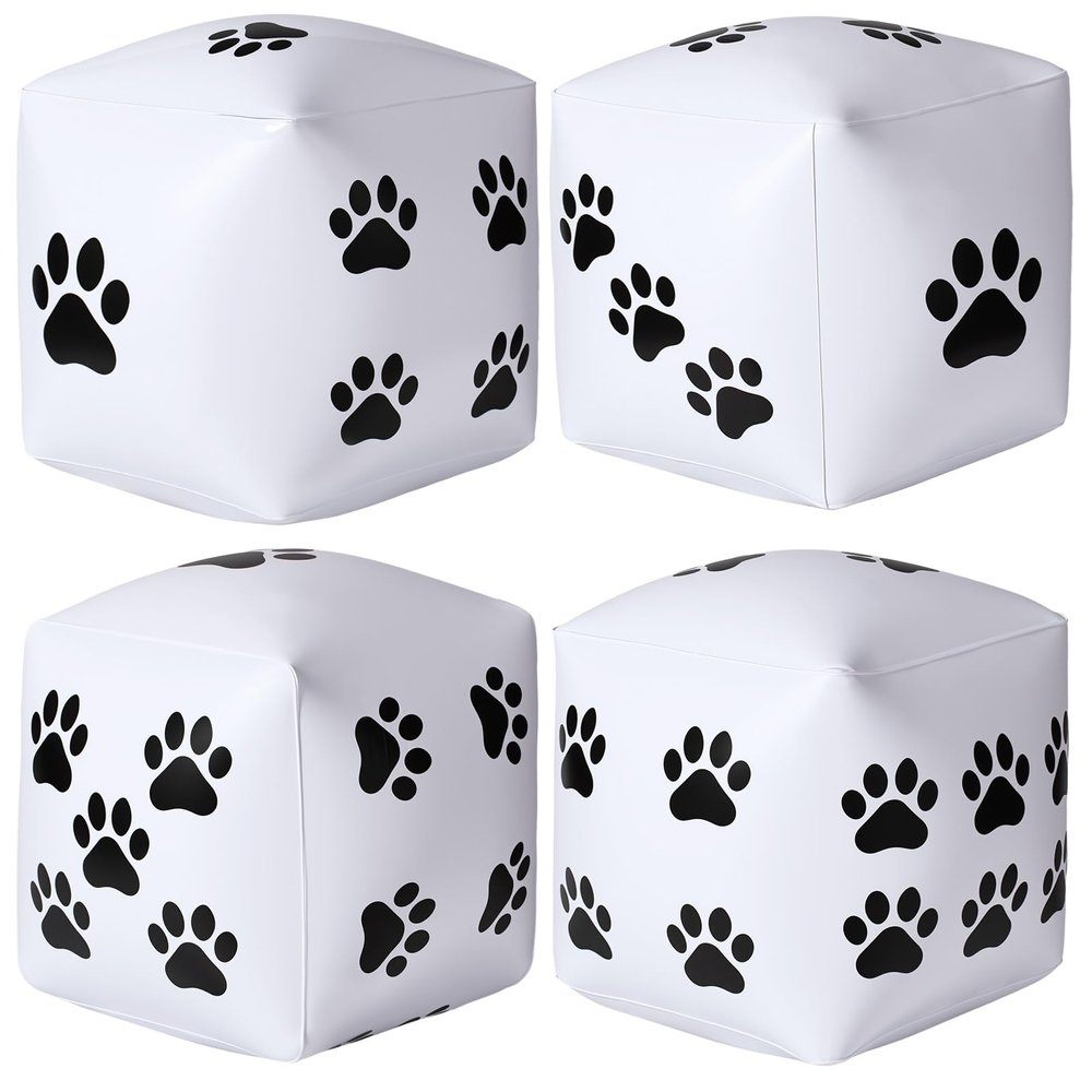 Realspring 4 Pcs Jumbo Inflatable Dog Dice for Dog Themed Party Decorations 12 Inch Big Giant Large Dice Blow up Cube with Black White Paw Print Dots for Puppy Birthday Party Supplies Pet Pool Game