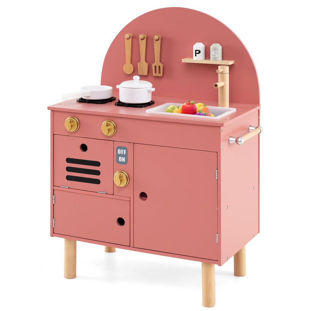 Costzon Kids Kitchen Playset, Little Chef Pretend Play Kitchen w/Stoves, Faucet, Sink, Microwave, Cabinet, Oven & Cooking Accessories, Wooden Play Kitchen for Kids 3+ Years Old (Pink)