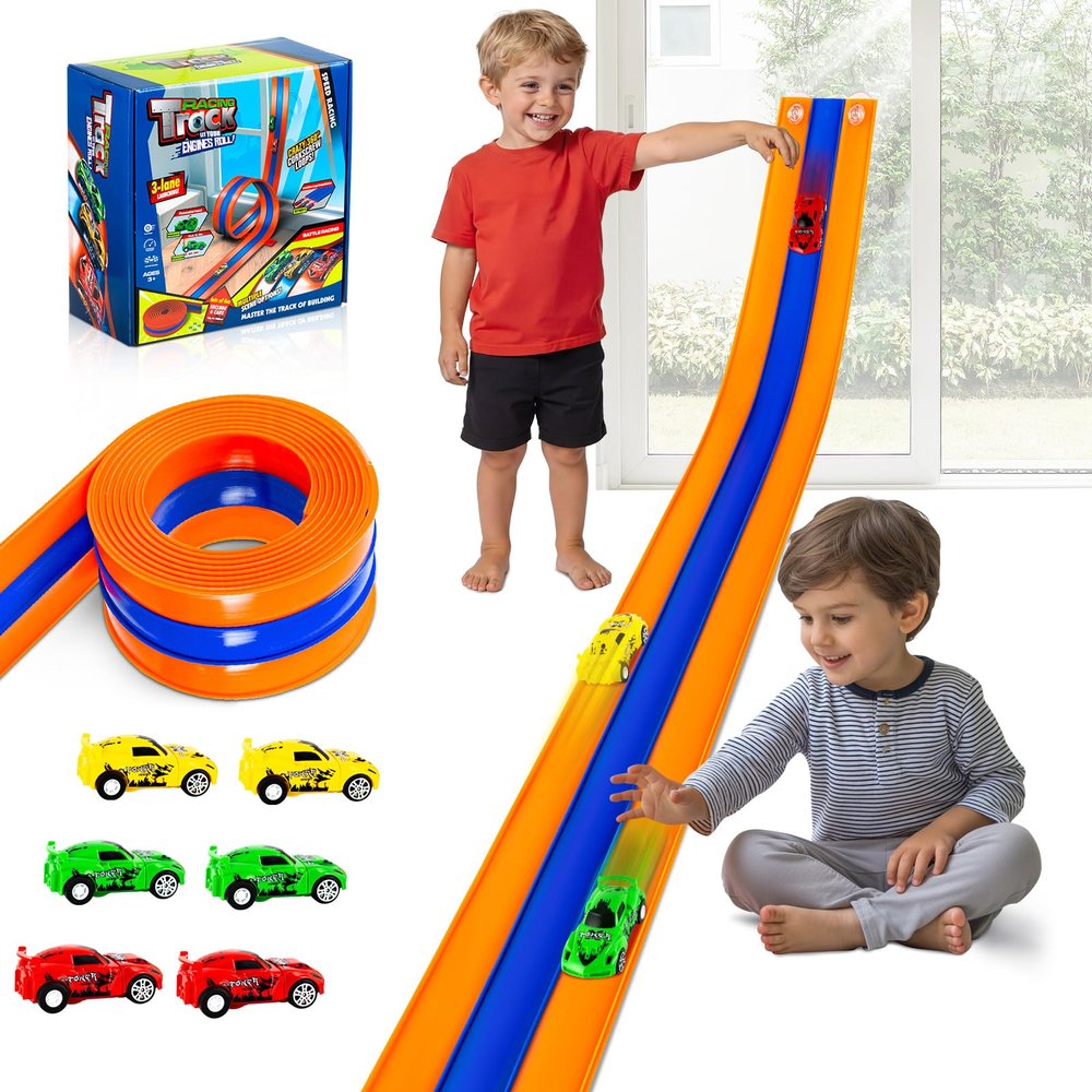 Qrooper 16.4 ft 3-Lane Flexible Race Track for Boys Girls Ages 3-8 with 6 Pull-Back Cars Suction Cups Compatible with 1/64th Toddlers Car Toys Valentines Easter Birthday Gifts for Kids