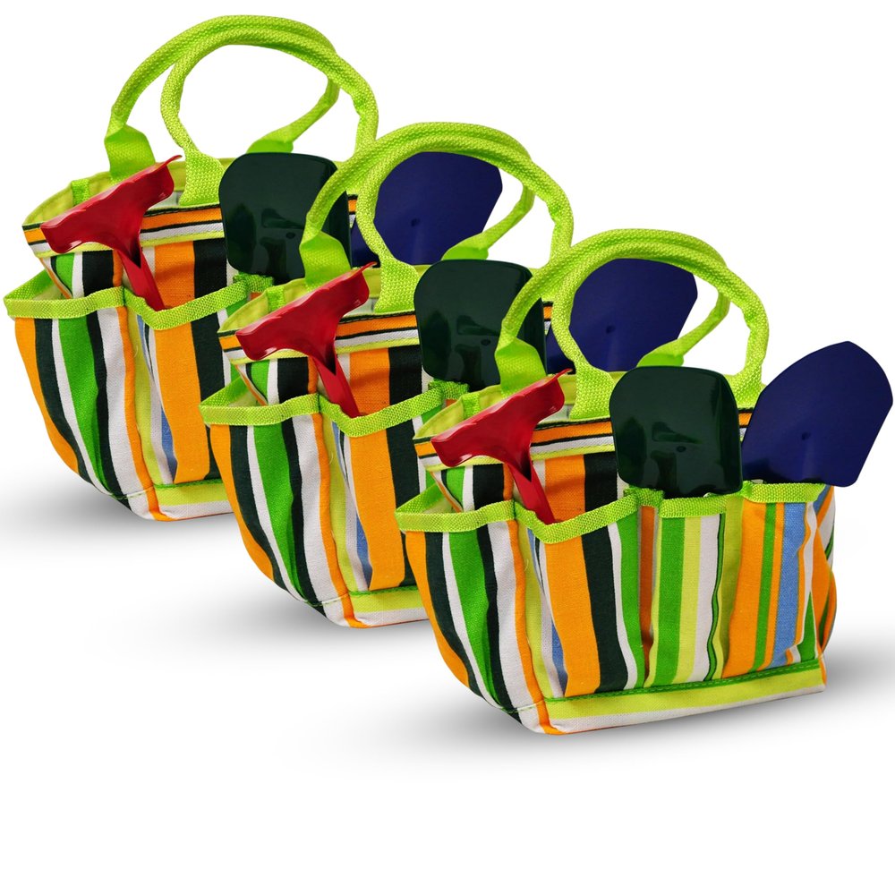 G & F Products Kids Gardening Tools Set (3 Pack)  Includes 3 x Hand Rake, 3 x Shovel, 3 x Trowel, 3 x Canvas Tote with Pockets  Lightweight & Durable Tool Set for Children Ages 3 Years & Up