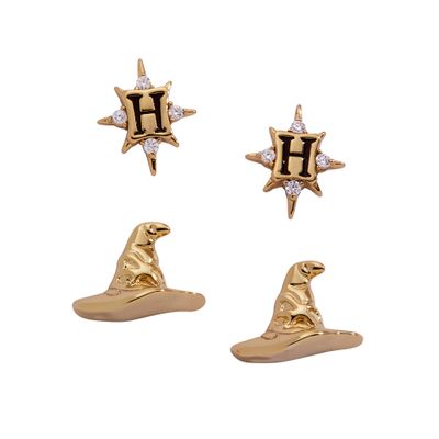 Alex and Ani Harry Potter Hogwarts & Sorting Hat Earrings for Women - Gold Plated Brass, Nickel-Free Cute Jewelry, Ideal Gift for Harry Potter Fans
