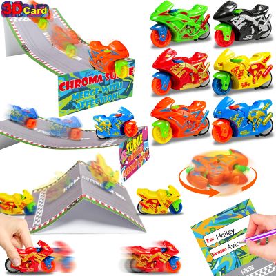[3D Race Card] 24 Pack Valentines Gifts for Teens, Valentines Cards with 3-In-1 Motorbike Toys Inertia Toy Friction Powered Cars & Cards for Kid Classroom Exchange Prizes Goodie Bag Filler Party Favor