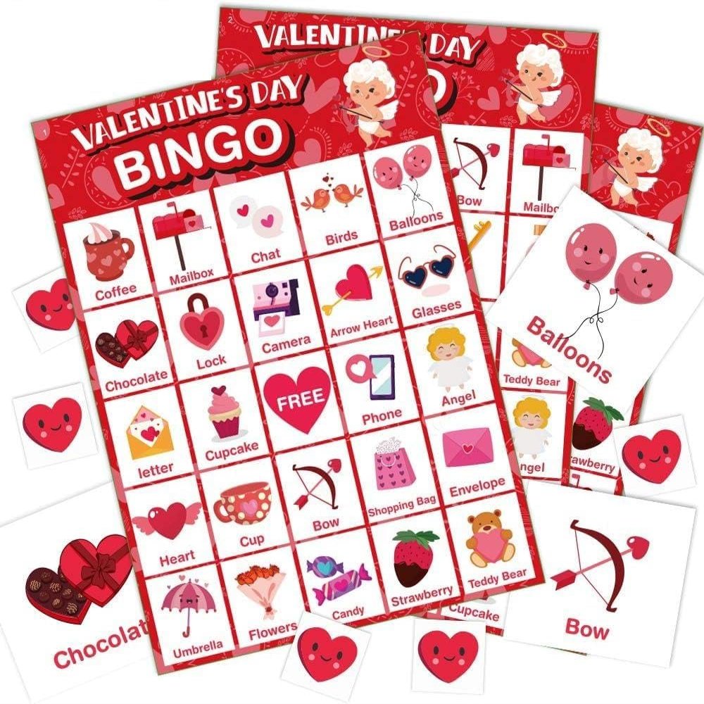 Jumlys Valentines Day Large Size Bingo Game Card for Kids/Adults, 32 Players - Valentine Game for Family/School Classroom/Large Group, Valentine Party Favor for Boys & Girls