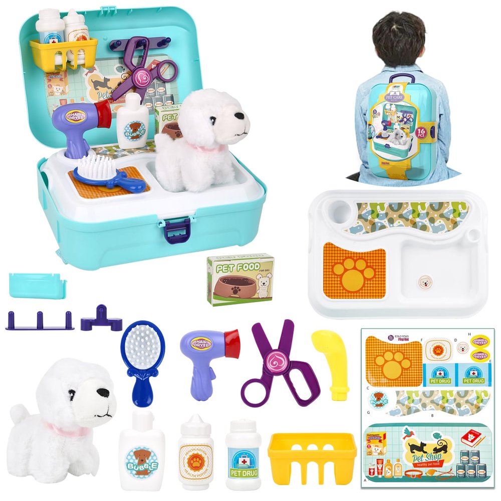 Pet Care Play Set for Kids, 16Pcs Doctor Kit Pretend Play Vet Puppy Dog Grooming & Feeding Toys with Backpack, Educational Toys for Girls and Boys 3-7 Years Old