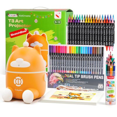 Caydo 3 in 1 Smart Drawing Projector Kit, Includes 12 Colored Pencils, 36 Acrylic Paint Markers, 24 Watercolor Markers & 50 Sheet Drawing Paper, Art Craft Birthday for Kids Ages 5-12