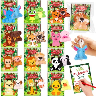 24 Pack Valentines Day Gifts for Kids Classroom Animal Plush Toy Keychain with Valentines Cards for Kids School, Valentines for Kids Class Exchange Cards Gifts Prizes Party Favors for Boys Girls