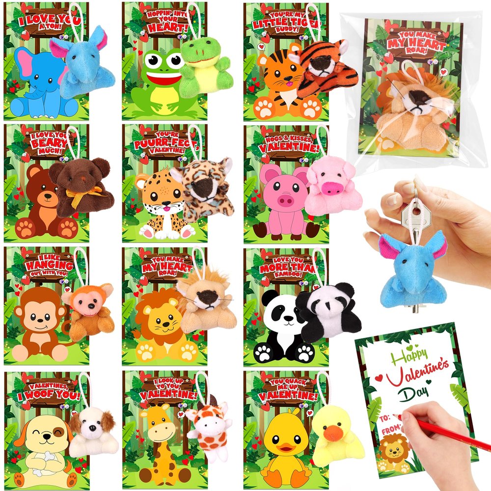 24 Pack Valentines Day Gifts for Kids Classroom Animal Plush Toy Keychain with Valentines Cards for Kids School, Valentines for Kids Class Exchange Cards Gifts Prizes Party Favors for Boys Girls