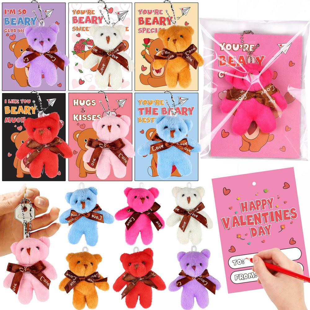 28 Pack Valentines Day Cards with Mini Bear Plush Toy Keychains Valentiens Day Gifts for Kids School, Valentines for Kids Classroom Valentines for Class Exchange Gifts Party Favors for Boys Girls