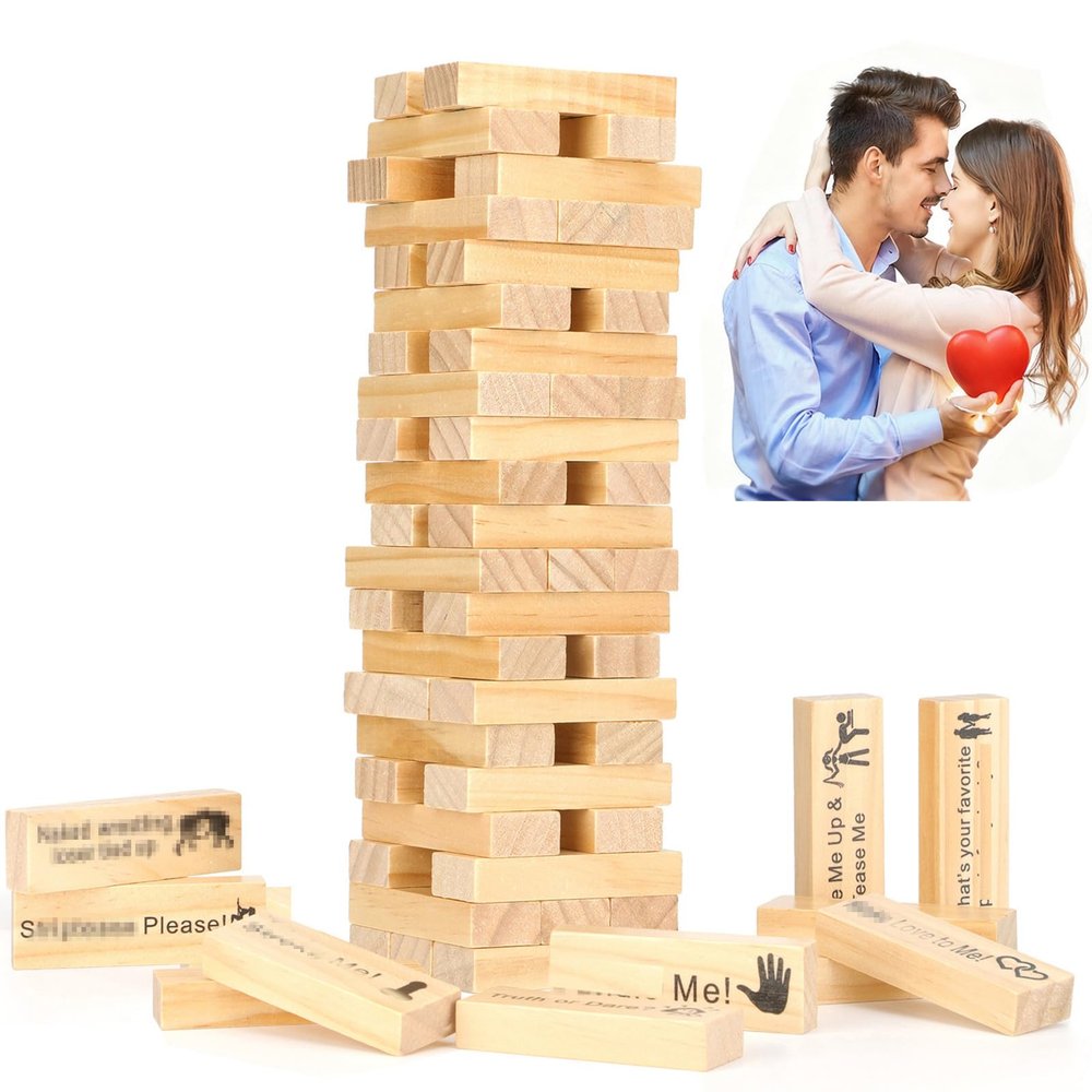 Aosemili 48 Wooden Blocks Stacking Tower Games for Couples Valentines Stacking Block Tower Tumbling