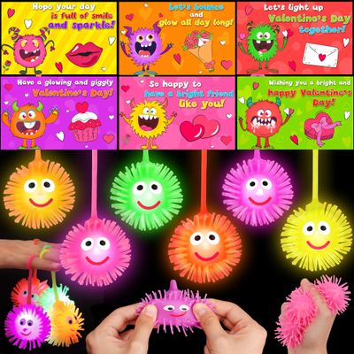 24 Pack Valentines Day Gifts for Kids Classroom LED Puffer Ball Toys with Valentines Day Cards for Kids School, Valentines for Kids Class Exchange Cards Gifts Prizes Party Favors for Boys Girls