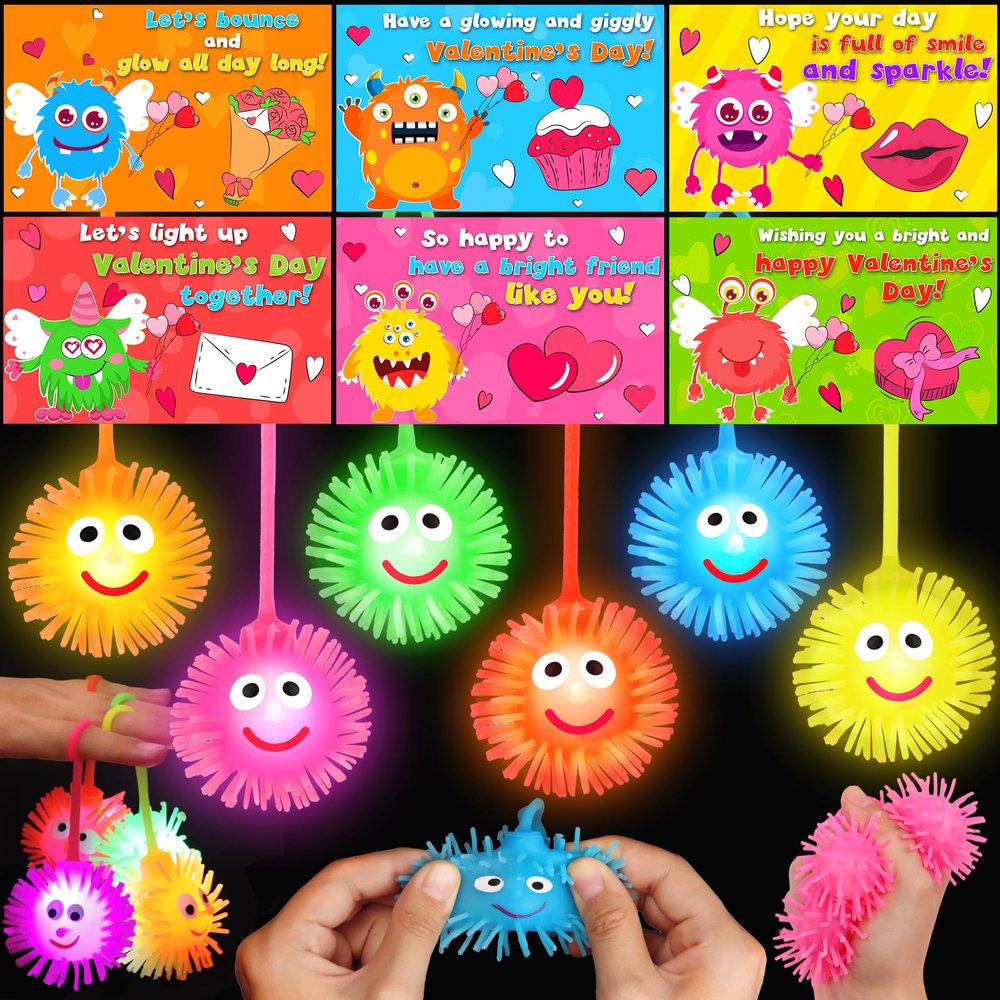 24 Pack LED Puffer Ball Toys with Valentines Day Cards for Kids School Valentines Day Gifts for Kids Classroom, Valentines for Kids Class Exchange Cards Gifts Prizes Party Favors for Boys Girls