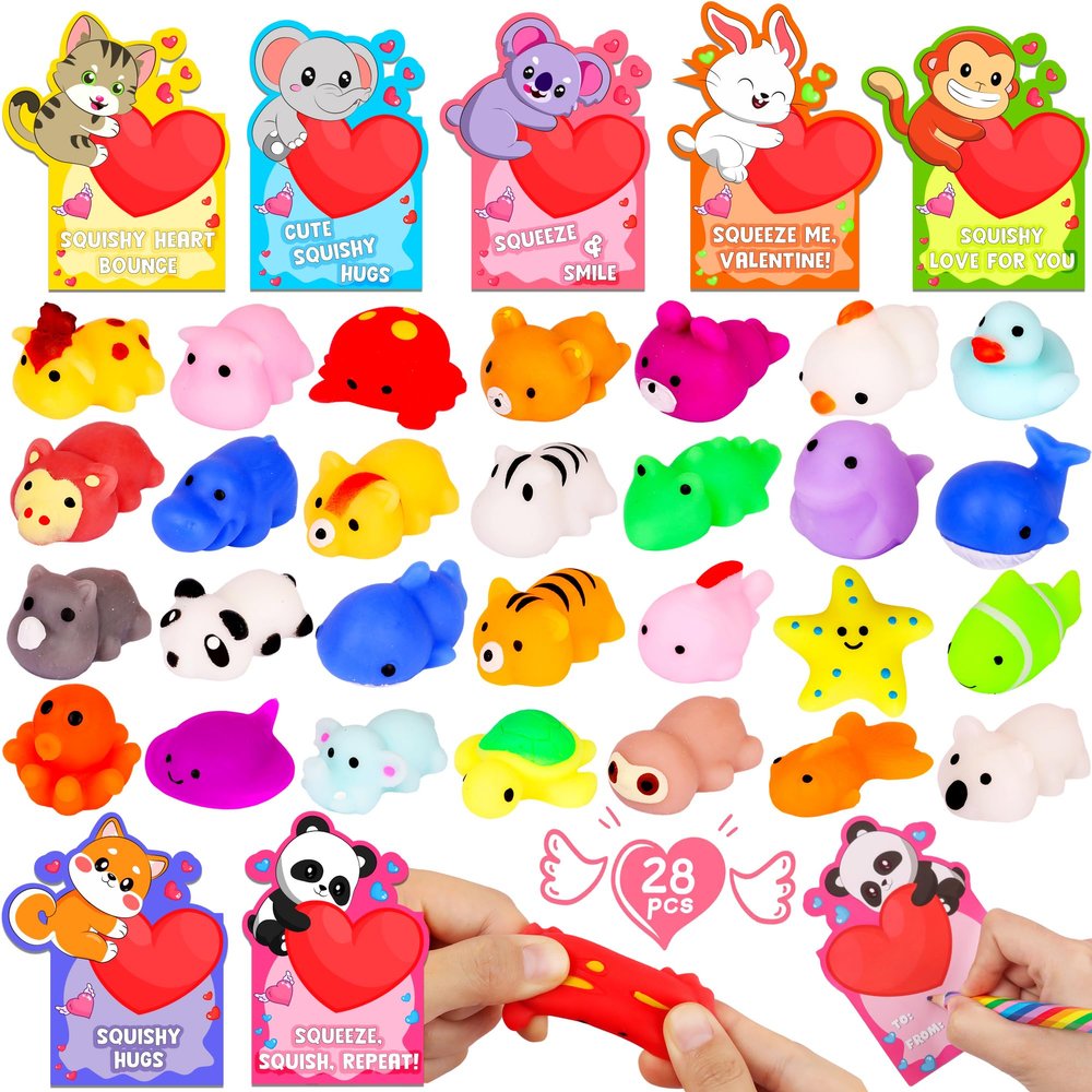 28 Pack Kids Valentines Day Cards with Cute Mochi Squishies Valentines Day Gifts for Kids Classroom, Valentines for Kids School Valentines for Class Exchange Cards Prizes Party Favors for Boys Girls