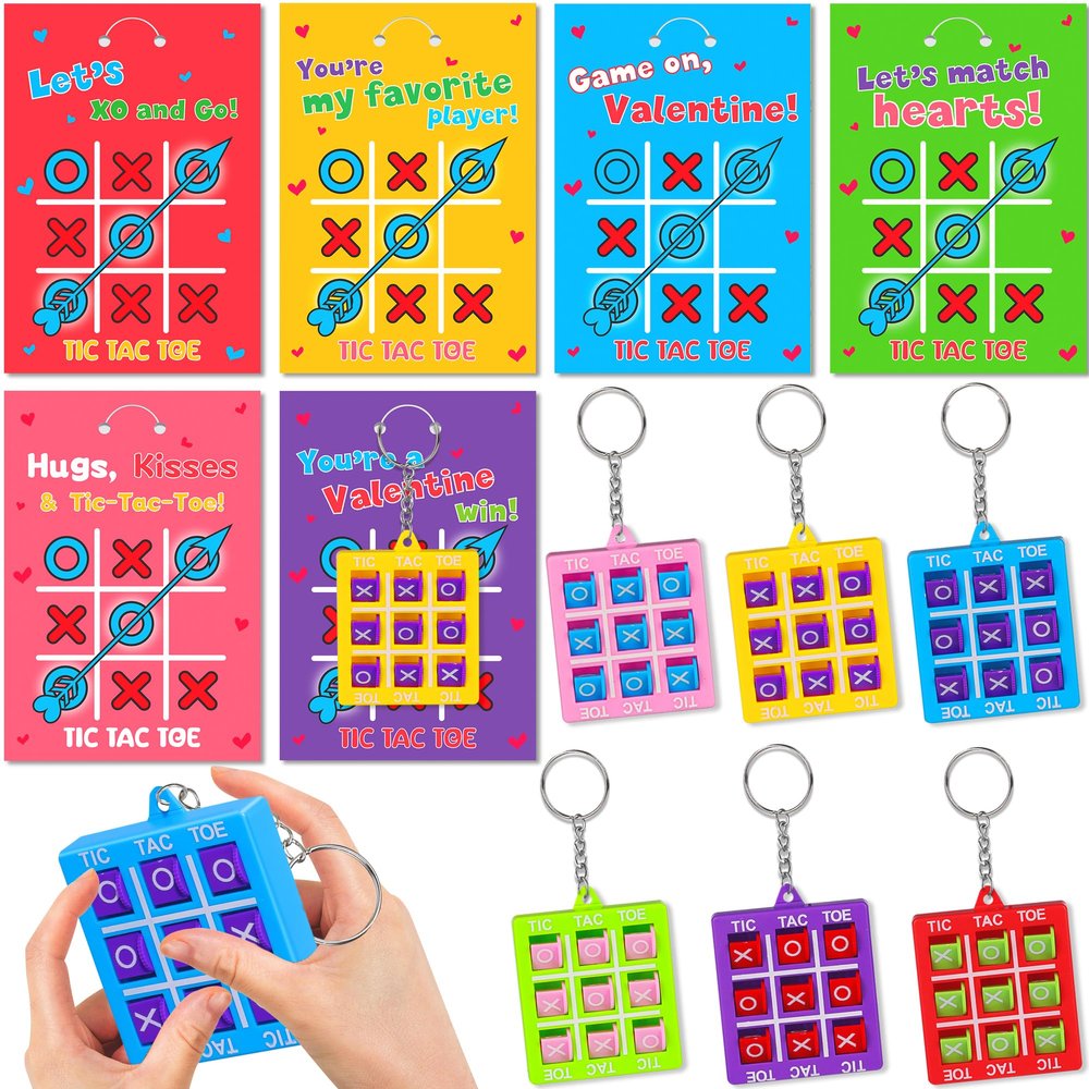 24 Pack Valentines Day Gifts for Kids Classroom Tic Tac Toe Game Keychains with Valentines Day Cards for Kids School, Valentines for Kids Class Exchange Cards Gifts Prizes Party Favors for Boys Girls