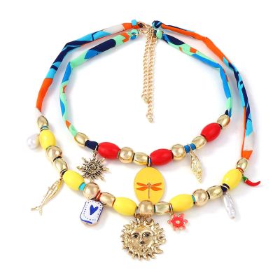 Bohemian Beaded Fabric Alloy Sun Flower Pendant Necklace,multicolored,80cm