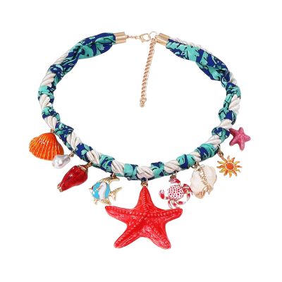 Ocean Wind Alloy Sea Star Shell Printed Pendant With Braided Rope Necklace,red,43+7cm