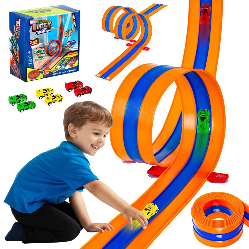 Tyholoo 3-Lane 16ft Flexible Race Track for Kids 3+ with Fixed Base & Strong Suction Cups, 6 1/64 Scale Pull-Back Cars