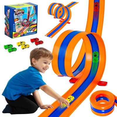 Tyholoo 3-Lane Flexible Race Track for Kids 3+ with Fixed Base & Strong Suction Cups, 6 1/64 Scale Pull-Back Cars