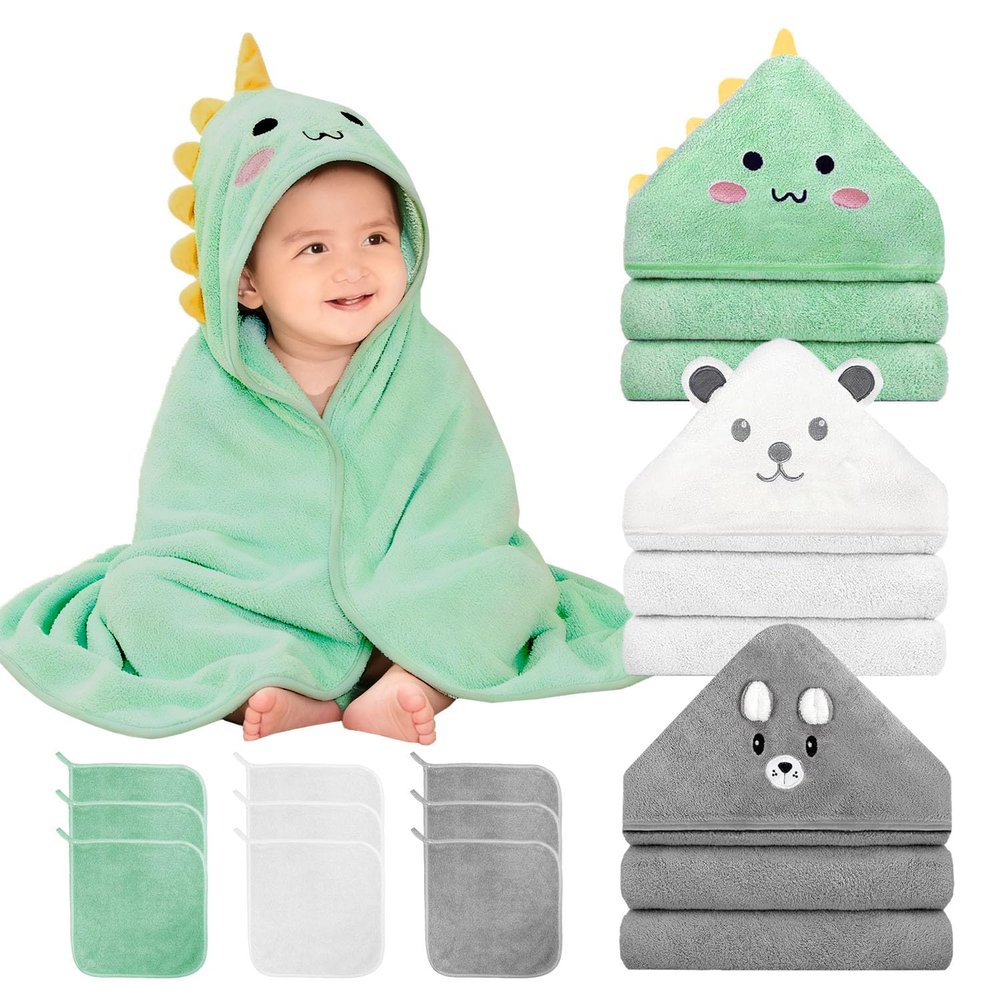 12 PCS Hooded Baby Towel Set, 32x32 Inch Absorbent Baby Bath Towels, 3 PCS Soft Hooded Towels & 9 PCS Washcloths, Unisex Baby Gift Set for Newborns, Babies, Toddlers (Green + Gray + White)