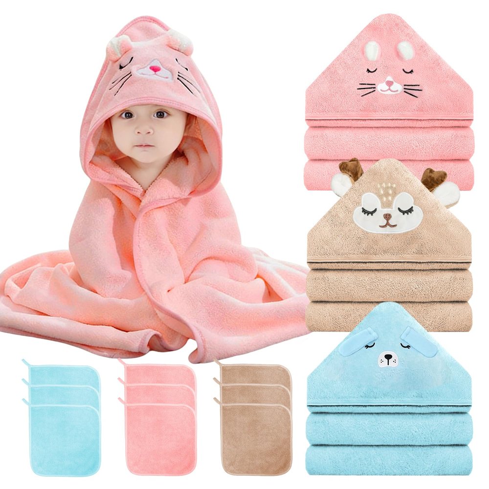 12 PCS Baby Bath Towels Set, 3 PCS Hooded Baby Towels & 9 PCS Washcloths, 32x32 Inches Ultra Absorbent Cute Soft Newborn Essentials Gift for Boys & Girls (Pink + Brown + Blue)