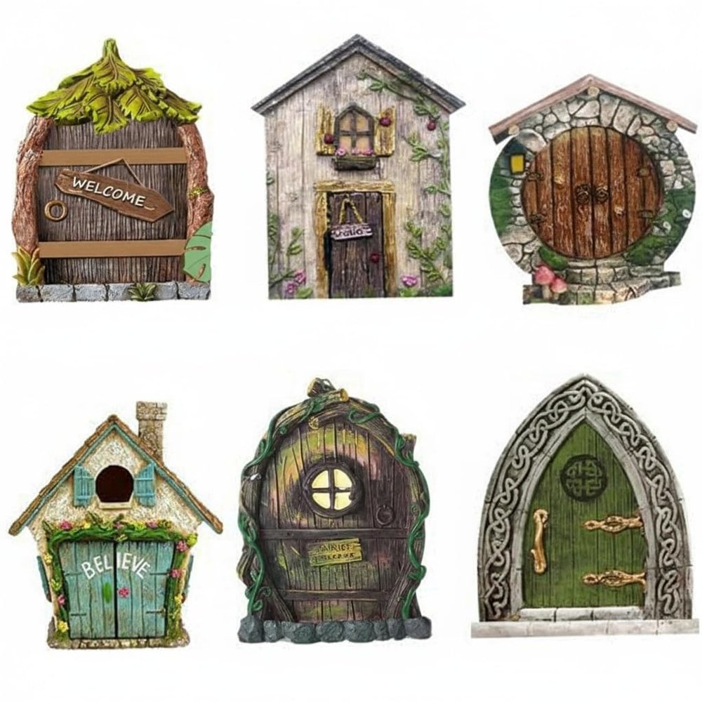 6-Piece Fairy Door Set - 3D Wooden Miniature Fairy House for Outdoor Tree & Wall Decoration, DIY Garden Ornament