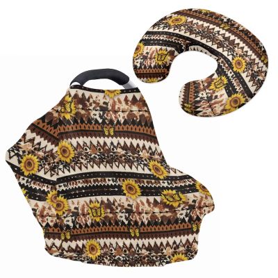 2 Piece Car Seat Covers with U-Shaped Pillowcase, Sunflower Aztec Print Multi-use Cover Carseat Canopy, Breathable Breastfeeding Cover for Babies, Boys & Girls Shower Gifts
