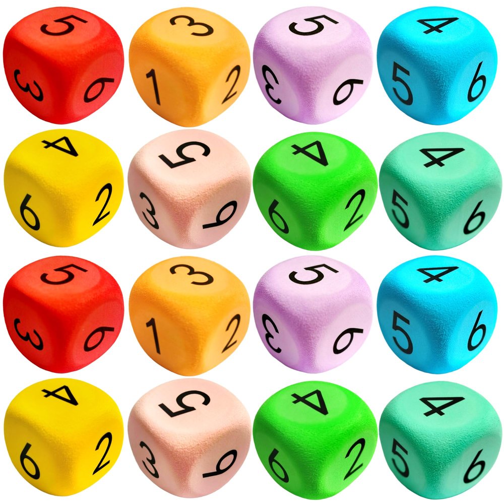 Cotiny 16 Pack 2.36 Inch Jumbo EVA Foam Dice Colorful Large Game Dice for Board Game Classroom Math Party Favors Learning Tools, 8 Colors