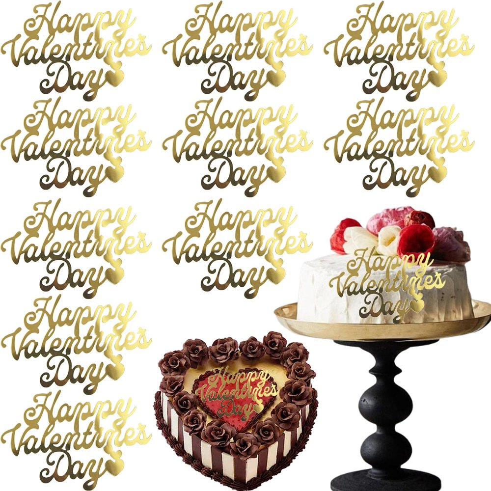 10 Pcs Happy Valentine's Day Cake Topper Gold Acrylic Mirror Cake Decor for Valentine Party Anniversary Cake Decorations