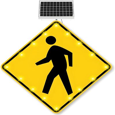 24in Solar Pedestrian Crossing Sign Flashing LED Highlight Road Traffic Blinking Street Warning Sign, Aluminum IP65 Weatherproof Crosswalk Signs for Park School Urban/Road Community(yellow)
