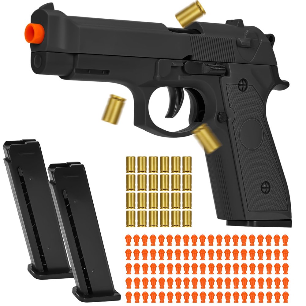 Automatic Shell Ejecting Toy Gun with 100 Soft Bullets,24 Shells & 2 Magazines,Realistic Toy Gun Pistol,Christmas Birthday Gifts for Kids Adults Boys Age 8+(Black)