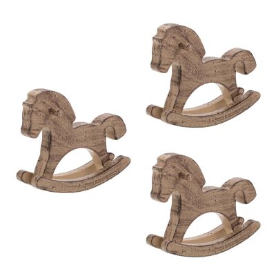 LOGOFUN 3PCS Vintage Carved Wooden Rocking Horse Tabletop Ornament for Party Favor Room Home Office Desk Centerpiece Decor - Brown