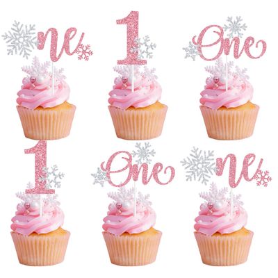 15Pcs Snowflake One Cupcake Toppers, Winter Wonderland 1st Birthday Party Decorations for Baby Boy Girl First Birthday Celebrations Pink