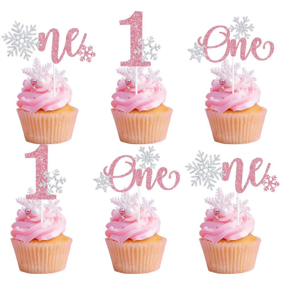 15Pcs Snowflake One Cupcake Toppers, Winter Wonderland 1st Birthday Party Decorations for Baby Boy Girl First Birthday Celebrations Pink