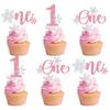 15Pcs Snowflake One Cupcake Toppers, Winter Wonderland 1st Birthday Party Decorations for Baby Boy Girl First Birthday Celebrations Pink view 1