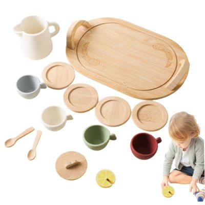 Kids Tea Sets for 3-6 Girls and Boys Simulation Cute Food Grade Tea Party Set Leakproof Developmental Silicone Wooden Set for Role Play Pretend Play Kids Sets Party.